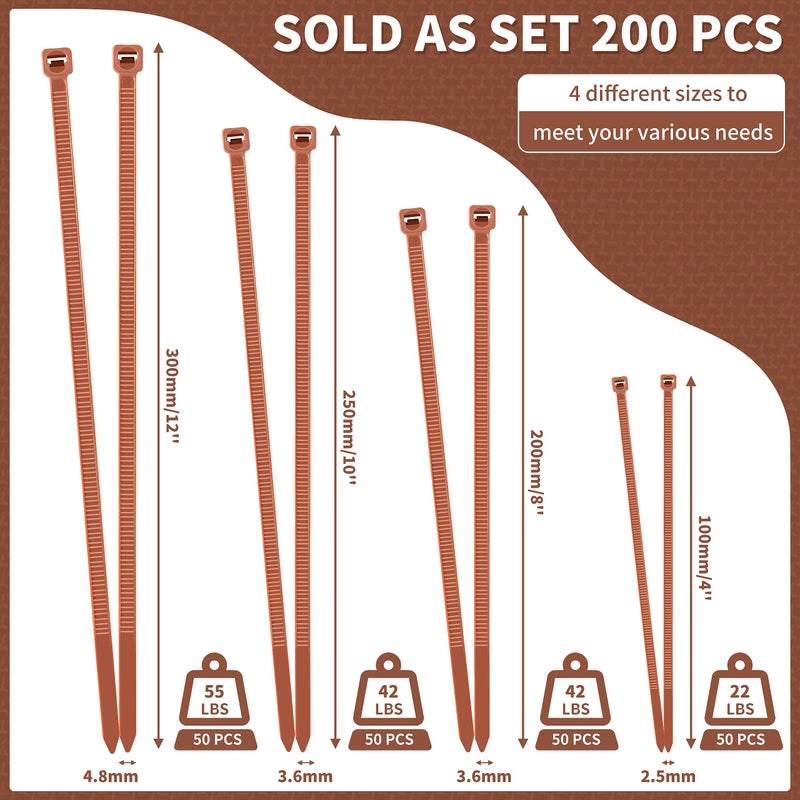 Idemeet Pa66 Cable Zip Ties, Fence Ties, 200Pcs 12+10+8+4 Inch Heavy Duty With 22-55Lb Strength, Self-Locking Nylon Wire Ties For Farming Fence Garden Trellis, Brown - Image 4